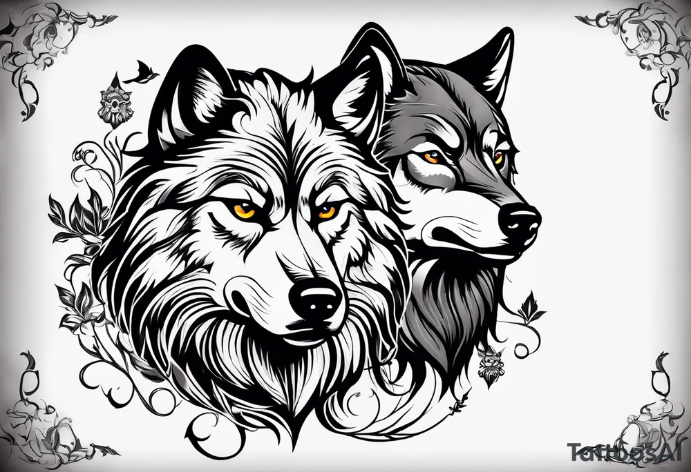 Two wolves. One bad wolf and one Good wolf. Make bad wolf very mean. Make good wolf very serene and happy. tattoo idea