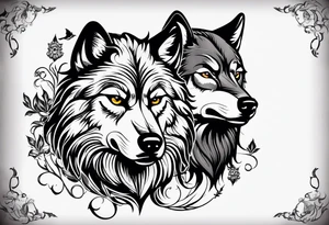 Two wolves. One bad wolf and one Good wolf. Make bad wolf very mean. Make good wolf very serene and happy. tattoo idea