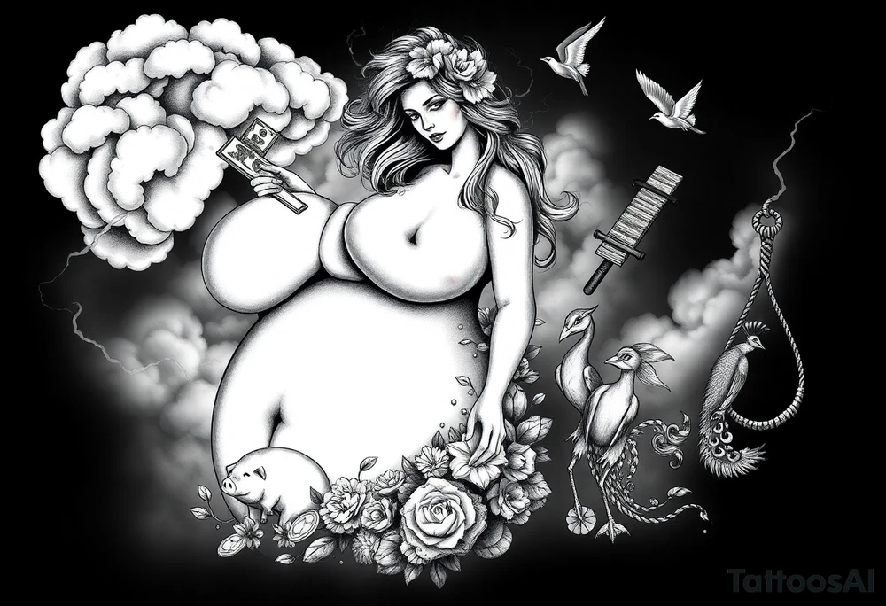 Storm clouds with a big overweight naked sexy girl and money and cigerettes  and coins and mirror and  naked couple sex with pig and peacock , frog, lamb and lightening lust gluttony envy greed wrath pride  sloth and noose darkness gothic tattoo idea