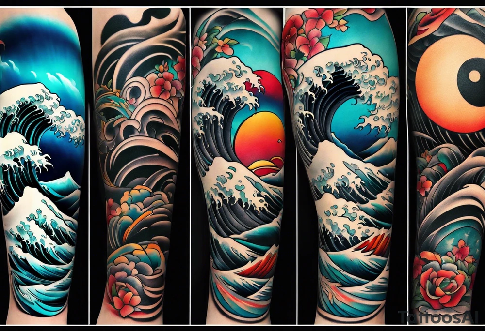 Leg sleeve wave tattoo idea