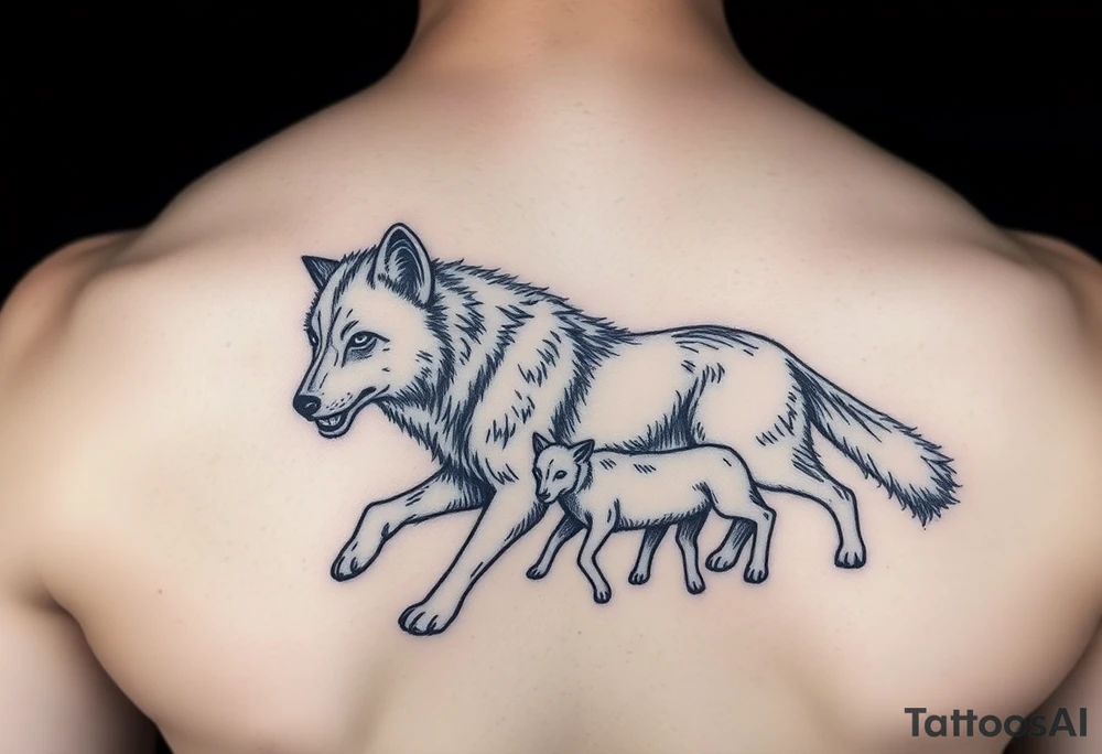 A solitary yet sublime and noble wolf and its progeny. tattoo idea