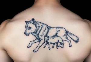 A solitary yet sublime and noble wolf and its progeny. tattoo idea