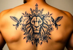 powerful majestic lion with a crown, surrounded by floral ornaments and birds tattoo idea
