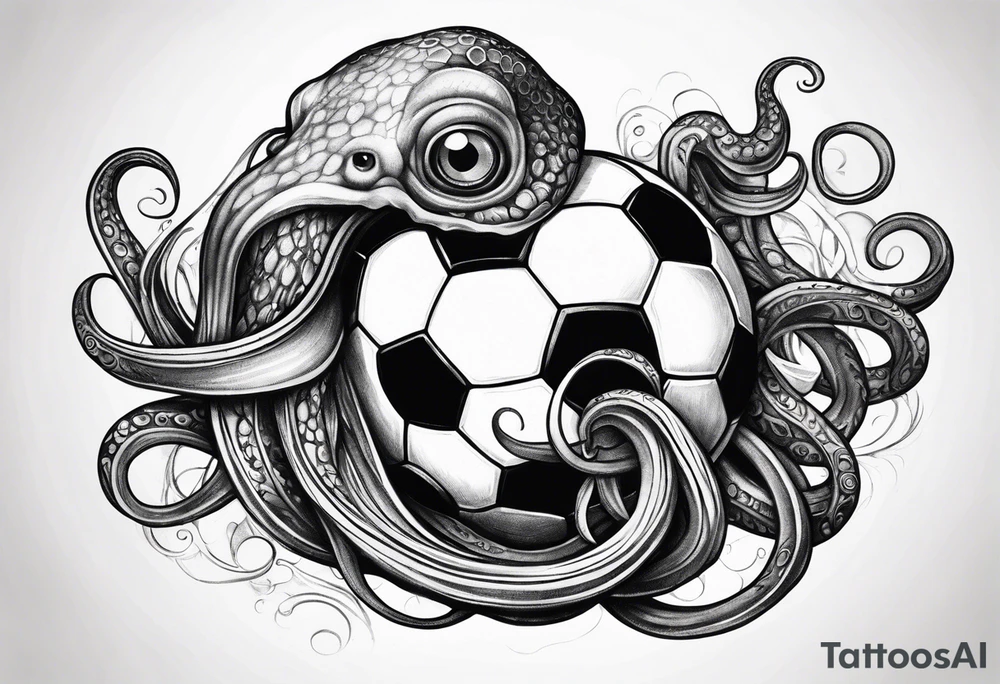 Squid with big tentacles holding a soccer ball tattoo idea