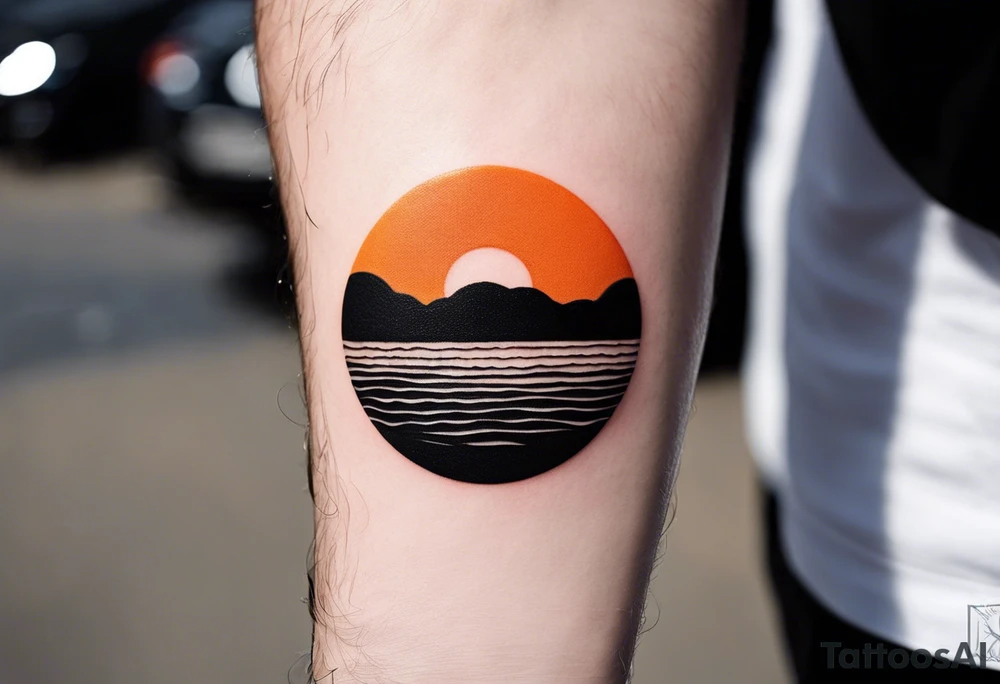 This is an extremely simple and minimalistic tattoo on male forearm. It is black and white with minuscule splashes of orange from the sun. The tattoo 4 inches wide by 2 inches tall. It is NOT a circle. From the perspective of being on the ocean, Water is calm, with no waves in sight, the sun is setting behind the ocean, reflecting light onto the water. The water has shading. tattoo idea