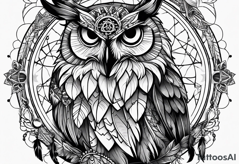 owl, wolf, beaver, and dream catcher tattoo idea