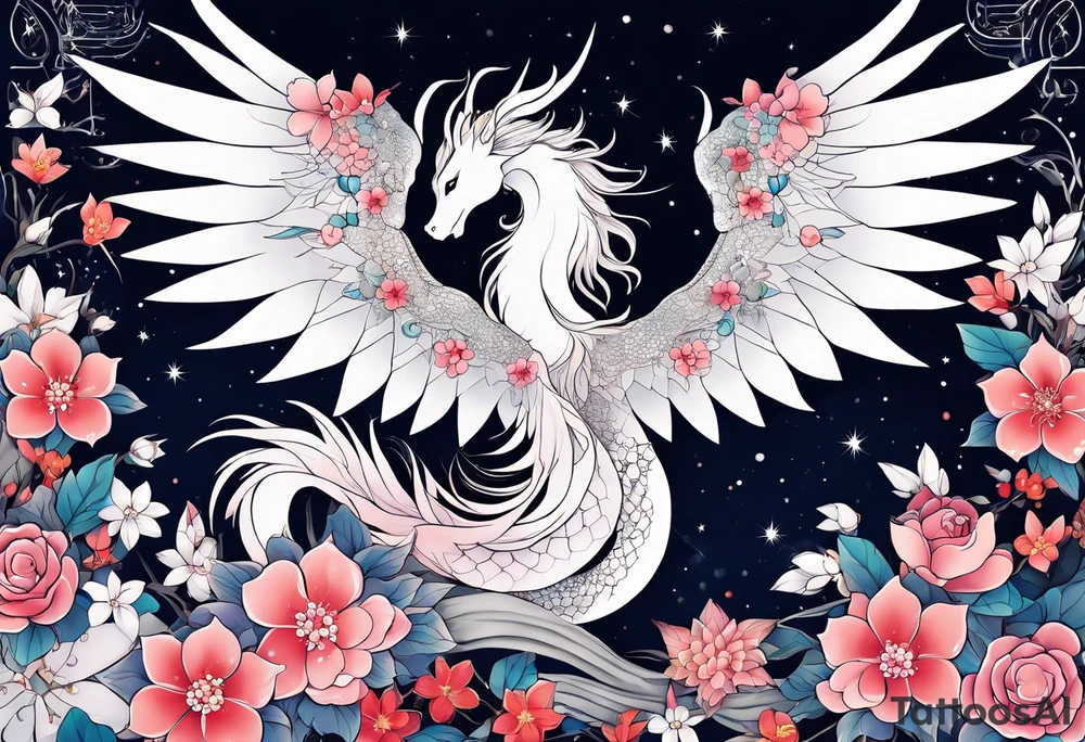 Constellation, wing , snow , cross , dragon female japan kawaii , flower tattoo idea