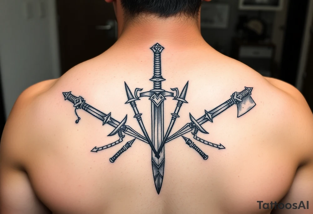 Armoury with sheild sword spears and axe tattoo idea