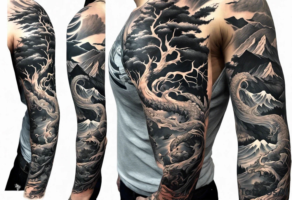 Full arm sleeve, tree going up to shoulder dead tree going down to wrist, wrapped in a serpent moving down with mountain, water, and demon tattoo idea