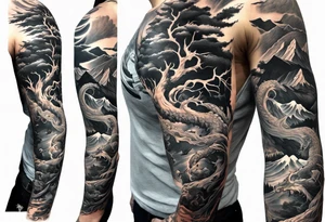 Full arm sleeve, tree going up to shoulder dead tree going down to wrist, wrapped in a serpent moving down with mountain, water, and demon tattoo idea