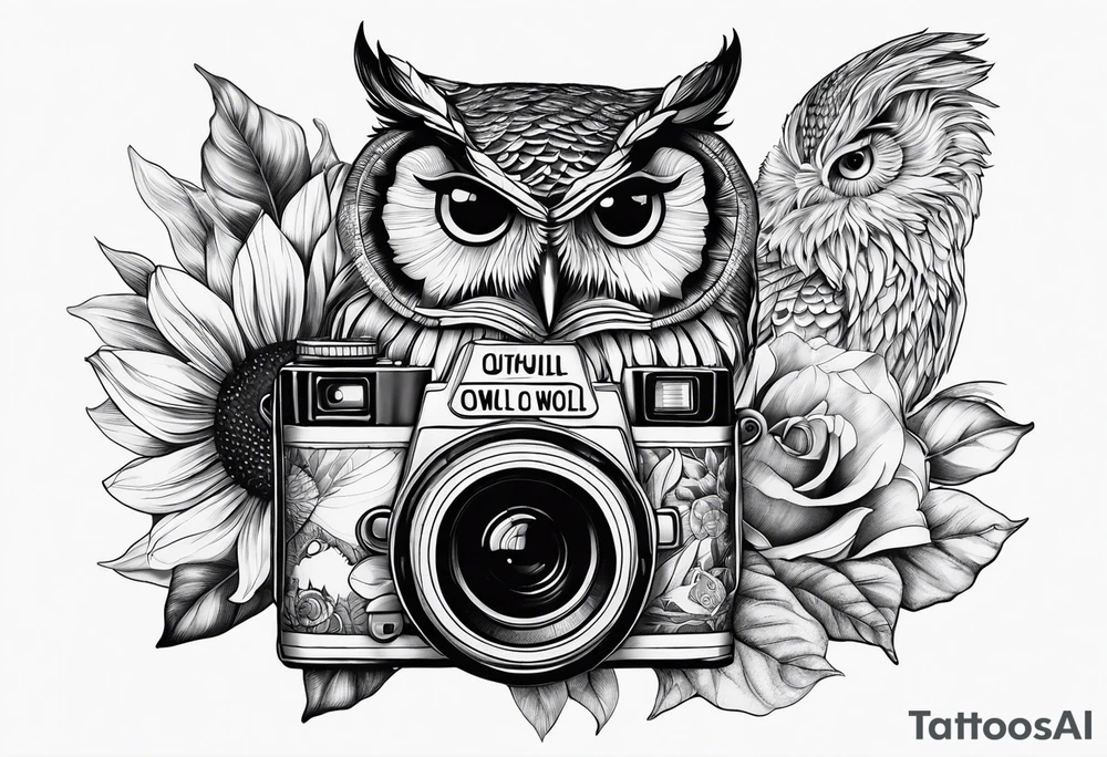 sunflower, camera, fish, owl tattoo idea