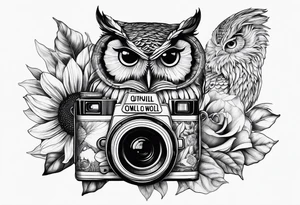 sunflower, camera, fish, owl tattoo idea