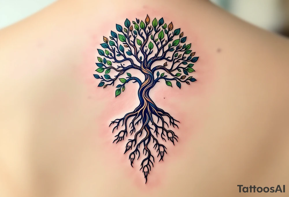 A tree of life in earthy greens and browns with roots shaped like tiny hands honors the grounding strength of motherhood. tattoo idea