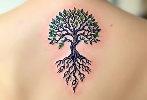 A tree of life in earthy greens and browns with roots shaped like tiny hands honors the grounding strength of motherhood. tattoo idea