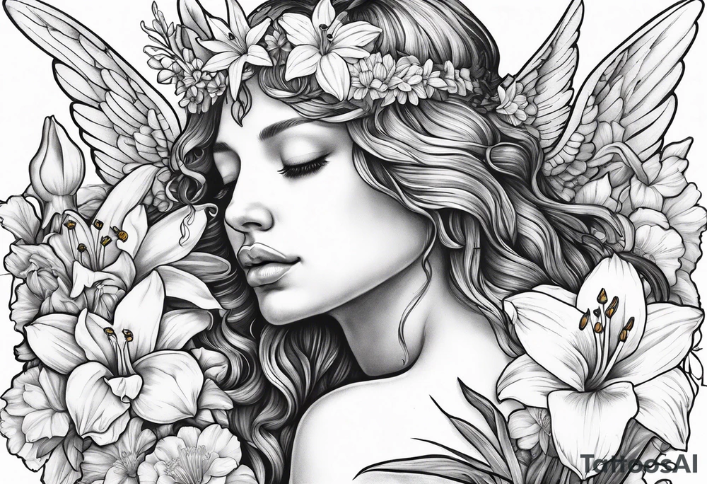 crying angel with head tilted down surrounded by lily, daffodil, rose, daisy, narcissus holding a hummingbird tattoo idea