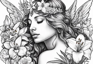 crying angel with head tilted down surrounded by lily, daffodil, rose, daisy, narcissus holding a hummingbird tattoo idea