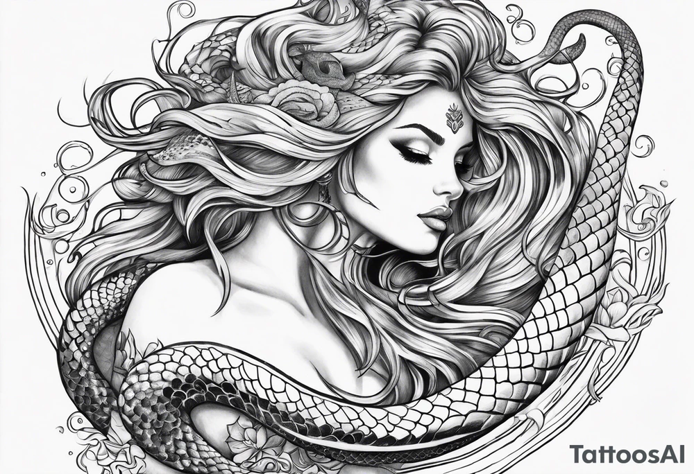 flowing serpent tail mermaid tattoo idea