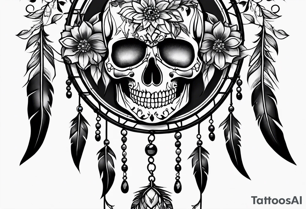 Dream catcher made of skulls with black flowers tattoo idea