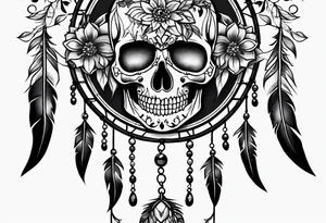 Dream catcher made of skulls with black flowers tattoo idea