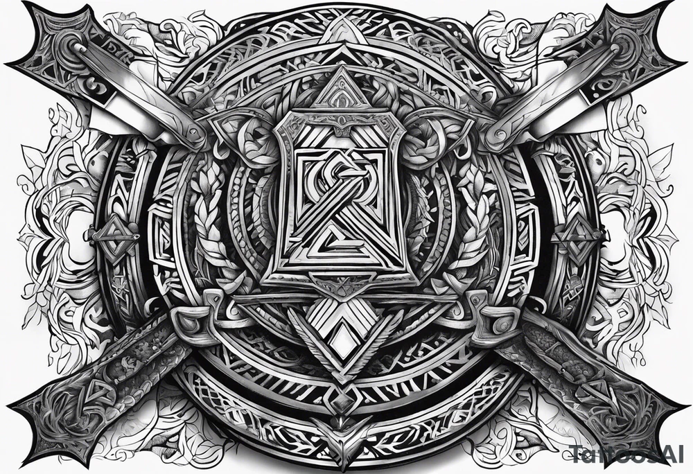 Valhalla shield sword axe Valknut fire armour tattoo idea