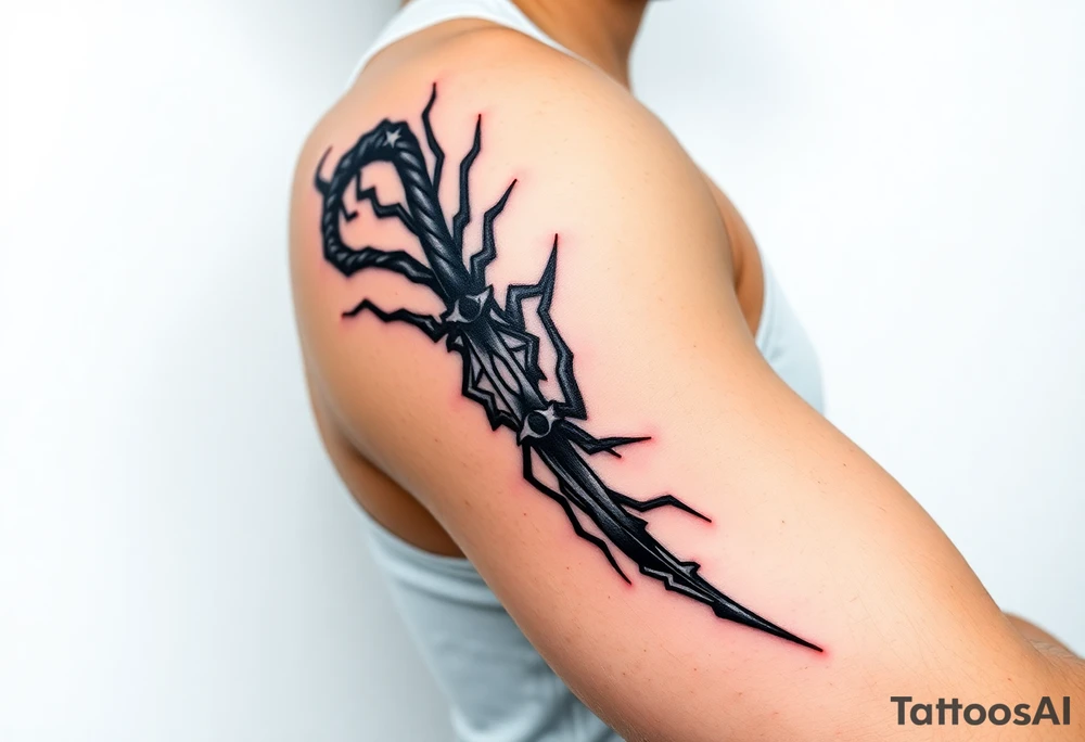 I want a tattoo inspired by the character Izuku midorya from my hero academia. I want his black whip and lighting across my bicep, shoulder and leading slightly to my traps. I want it to be sharp. Not lacking or cringy. Sharp. I don’t want the character or the characters arm. I want the black whip and lighting. tattoo idea