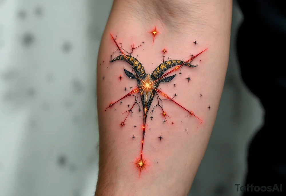 This celestial Aries design connects gold stars constellation with glowing red lines to emphasize the zodiac’s fiery essence. tattoo idea