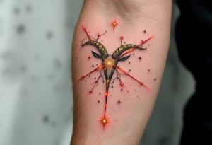 This celestial Aries design connects gold stars constellation with glowing red lines to emphasize the zodiac’s fiery essence. tattoo idea