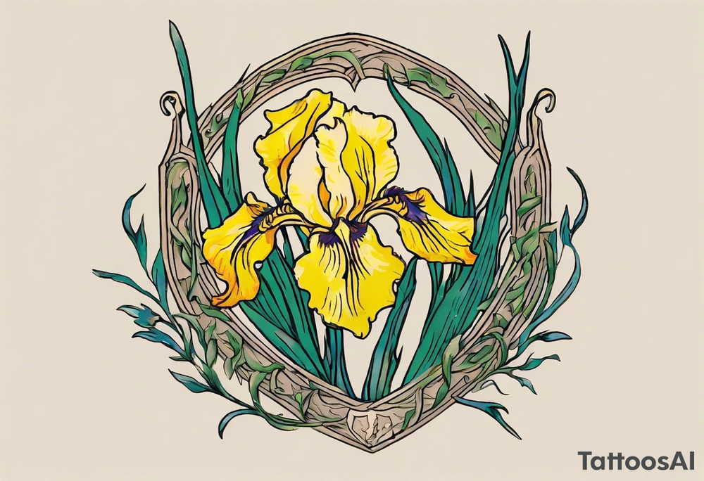 Create a colorful Vincent van Gogh Irises tattoo with a shield and spear. The tattoo should take the form of a crescent, with vines gracefully intertwining at a central point in the middle of the wreath.  The intended placement is on the upper chest. The overall design should be small in size while maintaining a delicate and artistic aesthetic. Pay attention to the graceful flow of the vines and the placement of the irises to achieve a refined and elegant look. tattoo idea