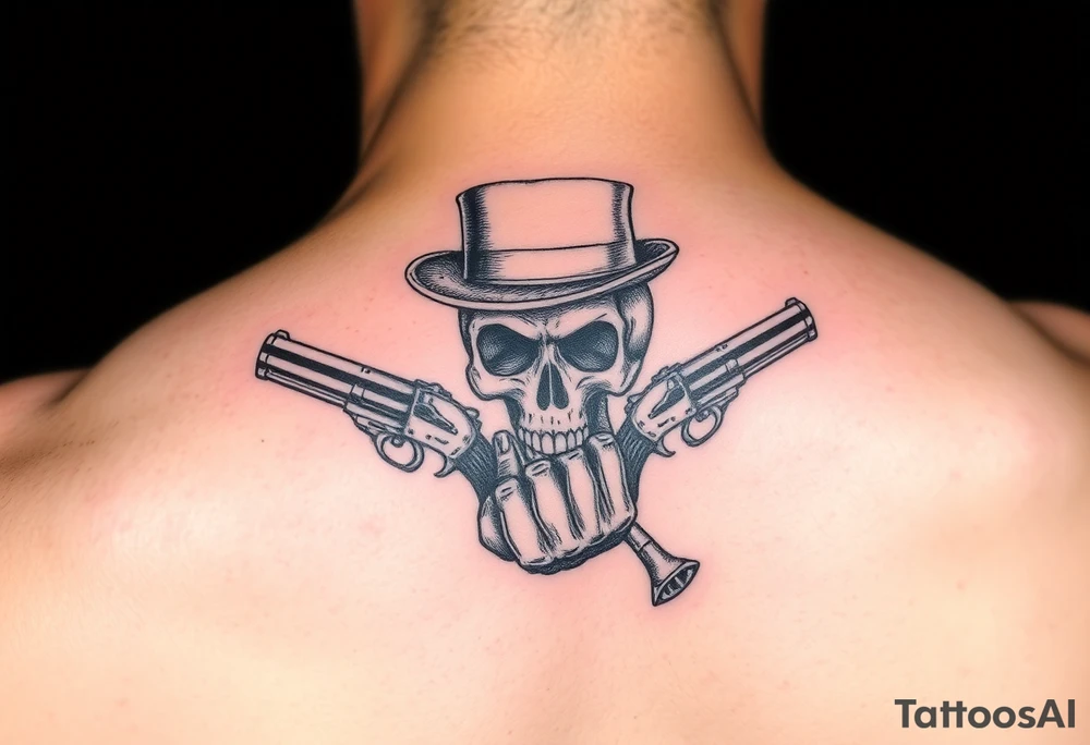 voodoo skull, top hat, dead mans card hand, six guns tattoo idea