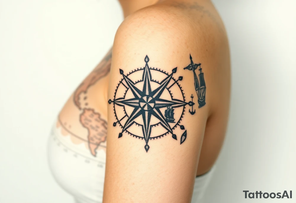 antique compass rose overlaid on weathered world map with sailing ships tattoo idea