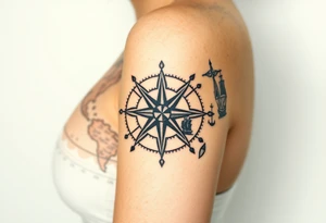 antique compass rose overlaid on weathered world map with sailing ships tattoo idea