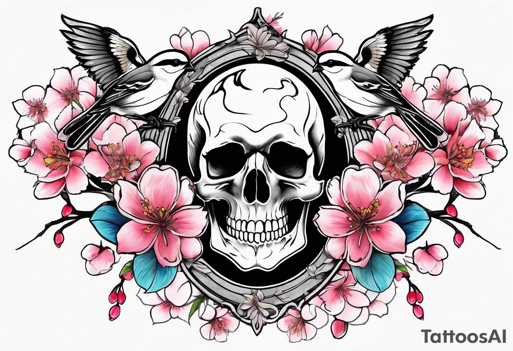 Skulls in cherry blossoms with 3 chickadees full sleeve tattoo idea