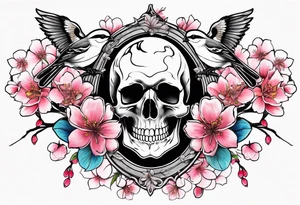 Skulls in cherry blossoms with 3 chickadees full sleeve tattoo idea