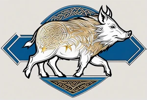 Side profile, Celtic, tribal, wild boar, On a Chatwin family crest with blue background, two gold stars, and a gold Chevron, and a Thistle. With bold black tribal lines. ancient Celtic, tribal boar tattoo idea
