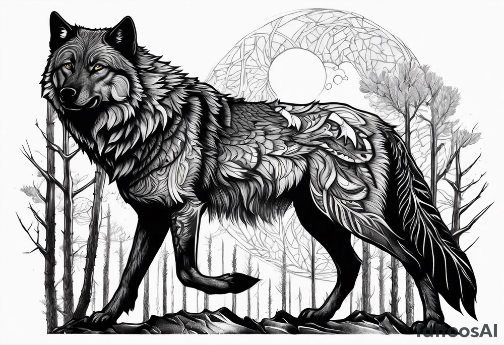 A powerful Wolf ist carrying a crow on His back
Background Woods and thorns tattoo idea