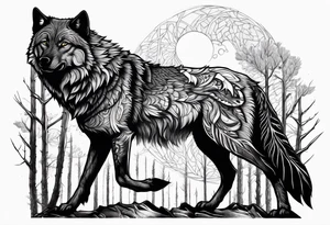 A powerful Wolf ist carrying a crow on His back
Background Woods and thorns tattoo idea