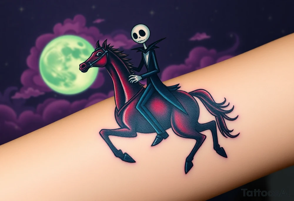 Tim Burton’s headless horseman is riding in the night he holds his head in hand as his horse bucks upwards and dripping with muted reds, dusty pinks, and eerie green glow.purple and cyan smokey clouds swirl in the crescent moonlit sky thats sprinkled with stars tattoo idea tattoo idea