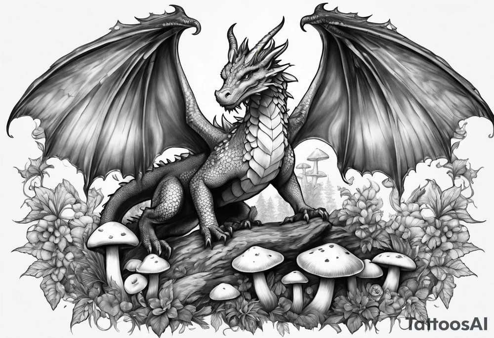 Mother dragon wings spread field of mushrooms tattoo idea