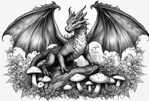 Mother dragon wings spread field of mushrooms tattoo idea