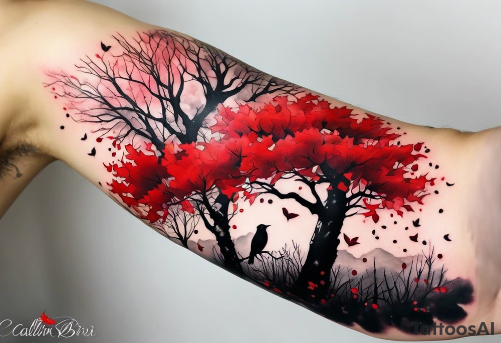 trash polka style. Arm tattoo. Long tattoo. Full sleeve. Shoulder. A single large maple tree with red autumn leaves that branches upwards from wrist to shoulder. White-throated dipper bird on the trees branches. Calluna flowers at the base of the trees stem. Tree stem has dark colors. Red/yellow sunset behind the trees stem. Leaves falling. tattoo idea