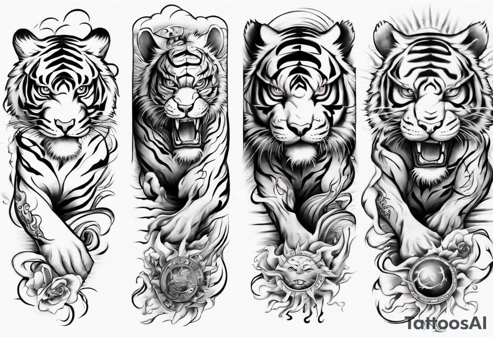 Tiger sleeve tattoo with lightning and the sun
Forearm sleeve tattoo idea