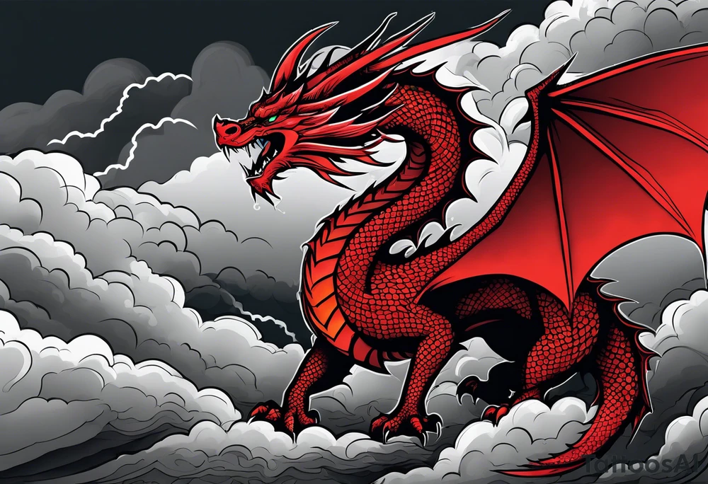 A red dragon emerging from the gray and black layered clouds in a sky where lightning flashes tattoo idea