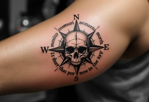 A muted sepia compass pointing to a skull instead of north, with "memento mori" curving around the outer ring. tattoo idea