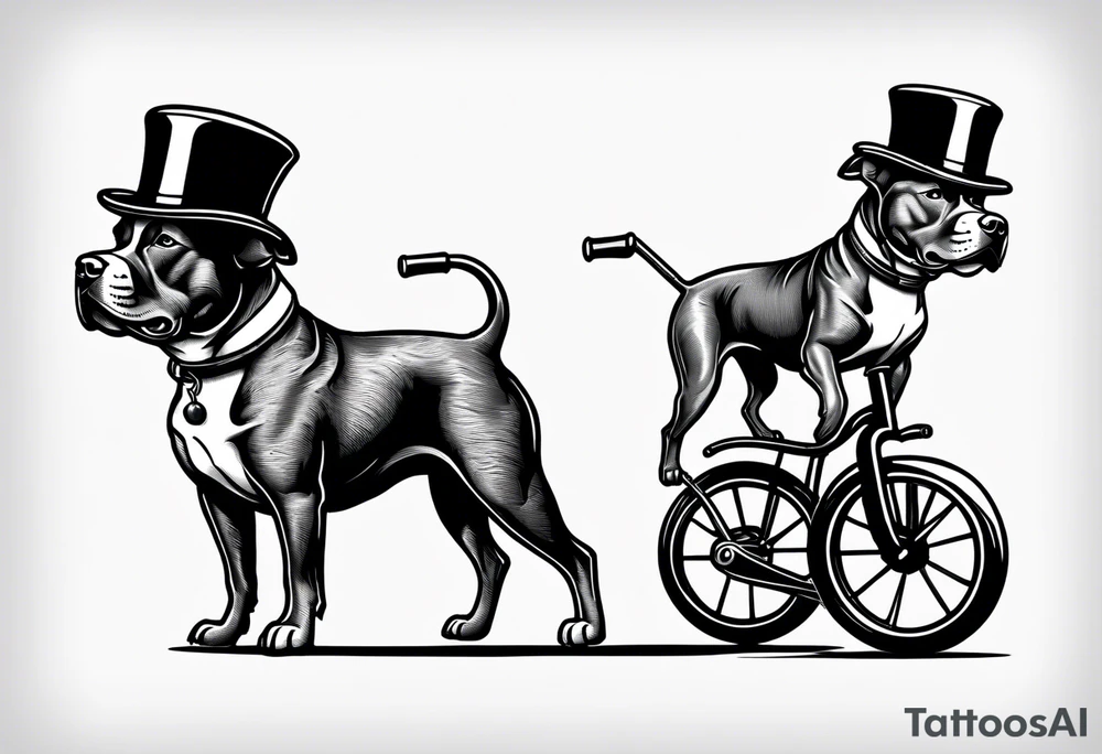 Pittbull wearing a tophat riding a tricycle tattoo idea