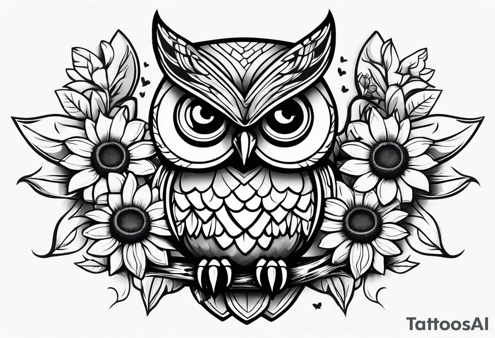 Small owl with butterfly and sunflower leg sleeve tattoo idea