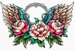 beautiful angel wings with colorful, peonies. beautiful flilligree in the background , full color, traditional old school , white background tattoo idea