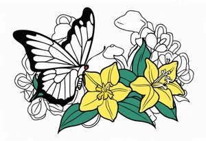 Butterfly and star and daffodils and morning glory tattoo idea