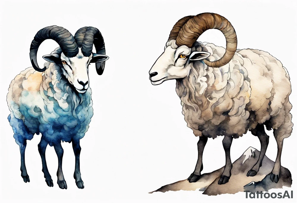a solitary large man with the head of a big-horned sheep, with the feet of a sheep, on a mountain tattoo idea