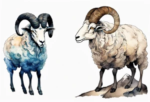 a solitary large man with the head of a big-horned sheep, with the feet of a sheep, on a mountain tattoo idea