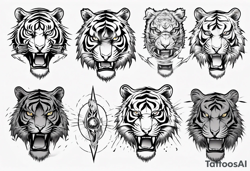 Ancient tiger with lightning and a sun for a forearm sleeve tattoo idea Ancient tiger with lightning and a sun for a forearm sleeve tattoo idea